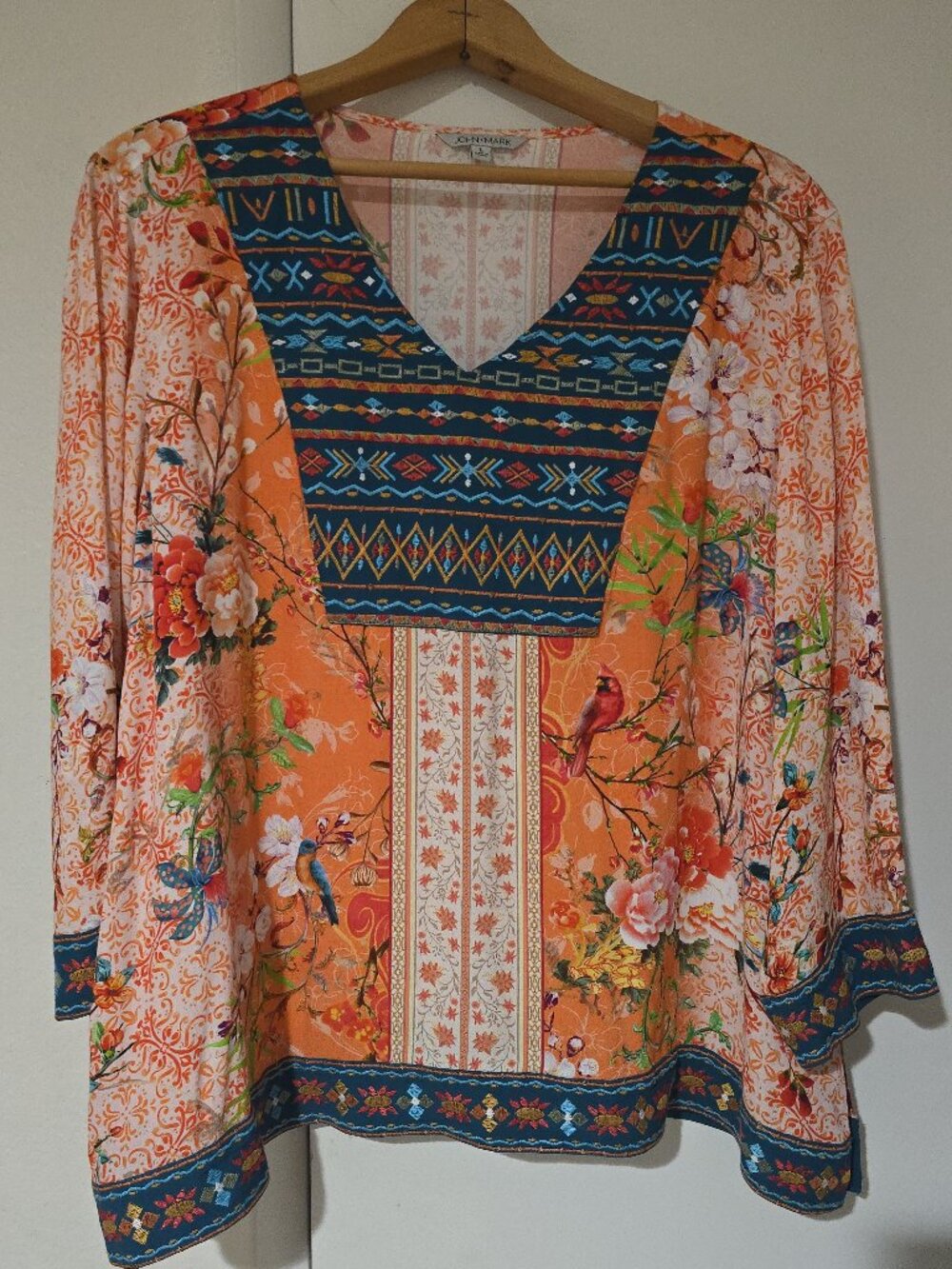 John Mark Boho Tunic Top L Orange Floral Bird Print Embroidered V-Neck
